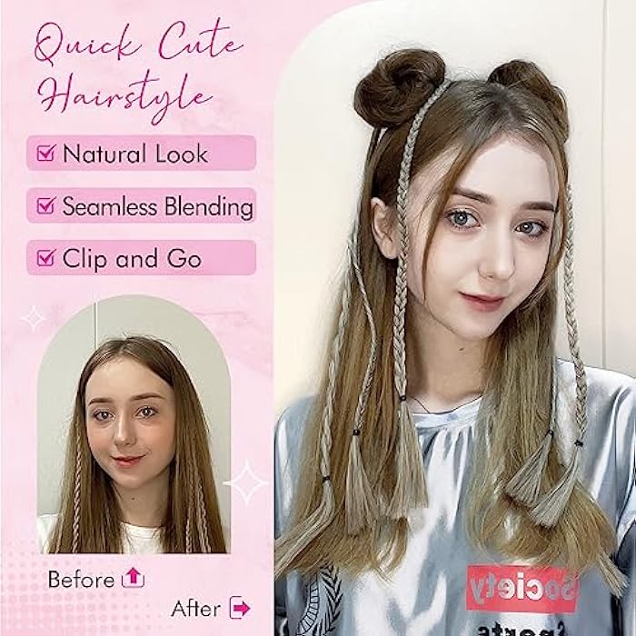 REECHO 2 PCS Mini Claw Clip in Messy & Cat Ears Hair Bun Extensions Wig Accessory Updo Hairpieces for Women Girls (Pack of 2-3 Straight, Ash Light Brown) - Image 5